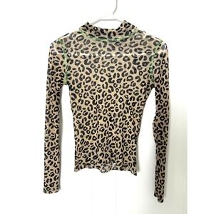 Sandy Liang Promise Top Pale Leopard‎ 2 Mesh Mock Neck Contrast Stitching Sheer